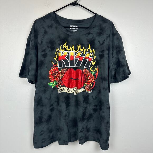 Kiss Adult Detroit Rock City 76' Flames Lips Grey Tie-Dye Crewneck T-Shirt 3XL - Picture 1 of 8